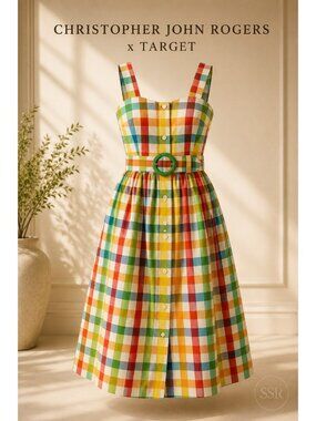 Christopher John Rogers x Target Plaid Midi Dress Size 4 NWT Belted Button Front